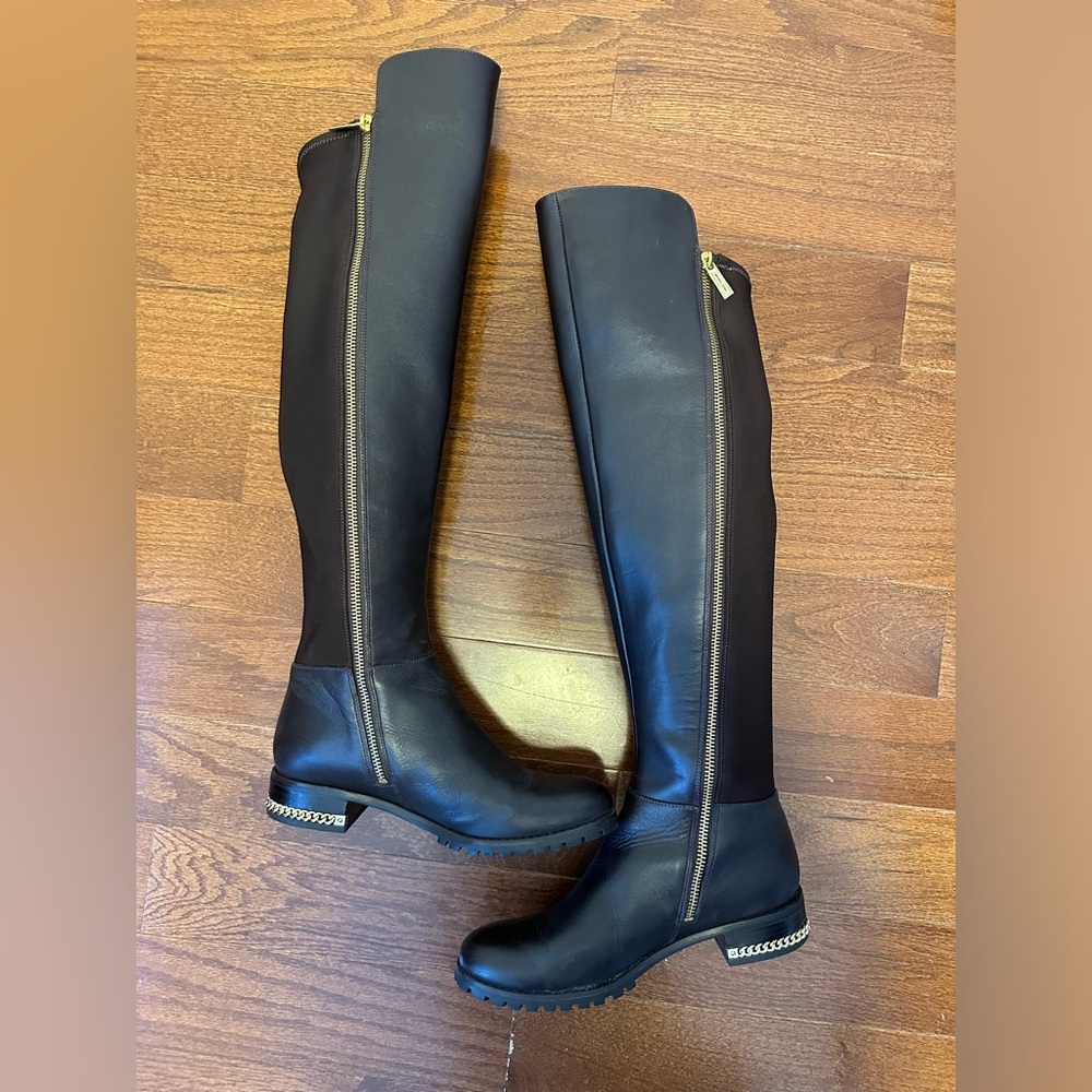 MICHAEL KORS Leather Chain-Link Accents Riding Boots in BROWN